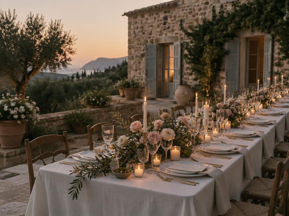 Candlelit dinner table at a Mallorcan finca at dusk