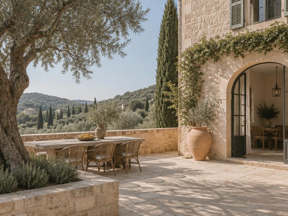 Stone Mallorcan finca terrace with olive tree