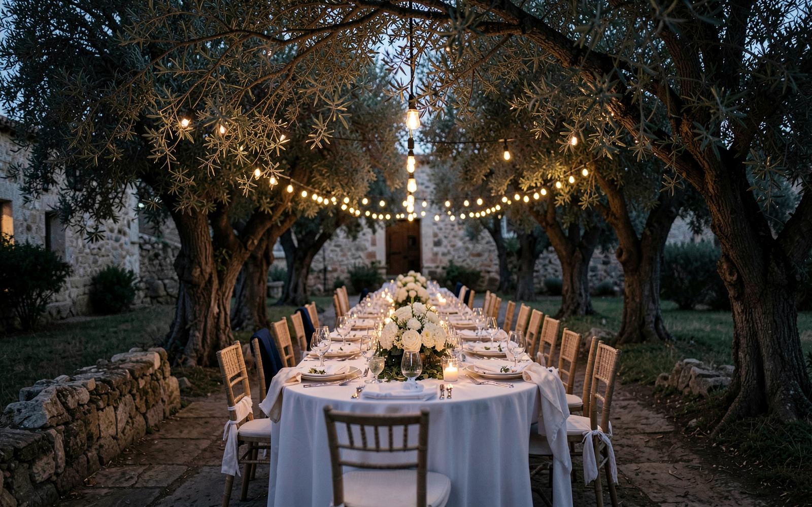 A wedding table set beneath olive trees at a traditional Mallorcan finca