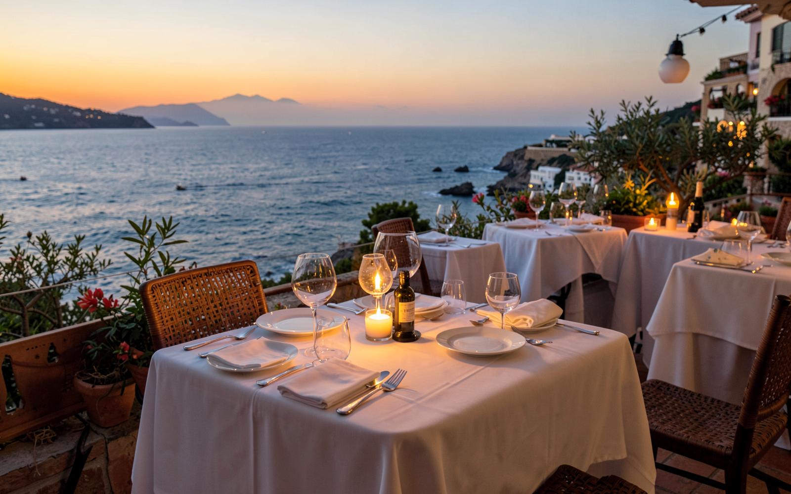 An elegantly set dining terrace in Mallorca overlooking the Mediterranean at sunset