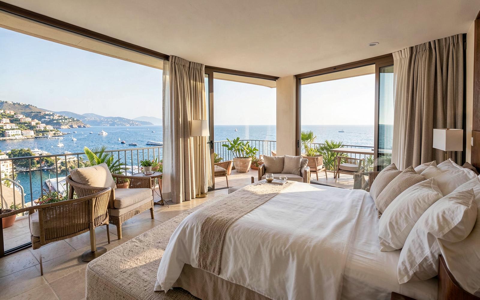 A serene five-star hotel suite in Mallorca with sea views and natural materials