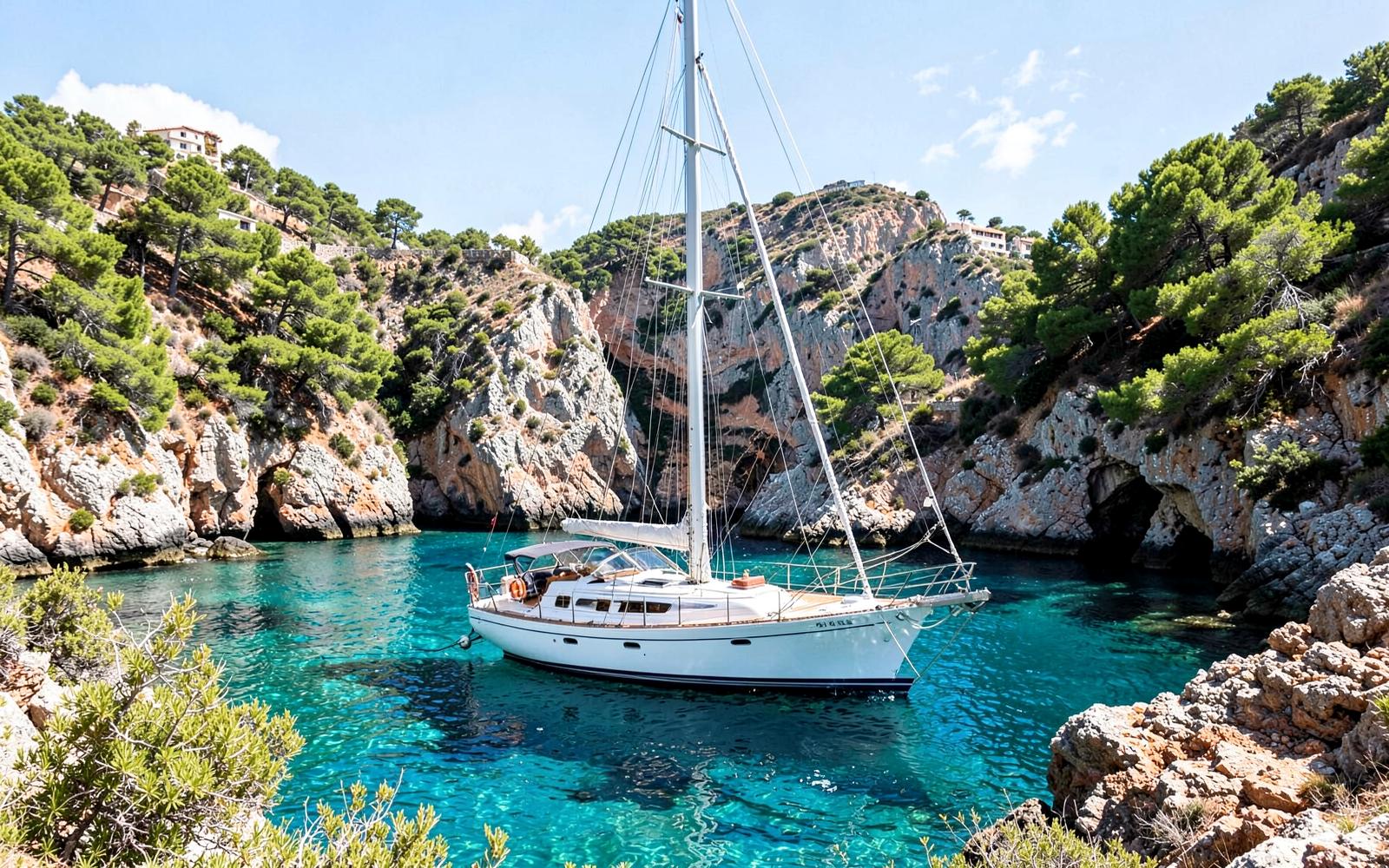 A yacht at anchor in a quiet Mallorcan cove surrounded by pine trees