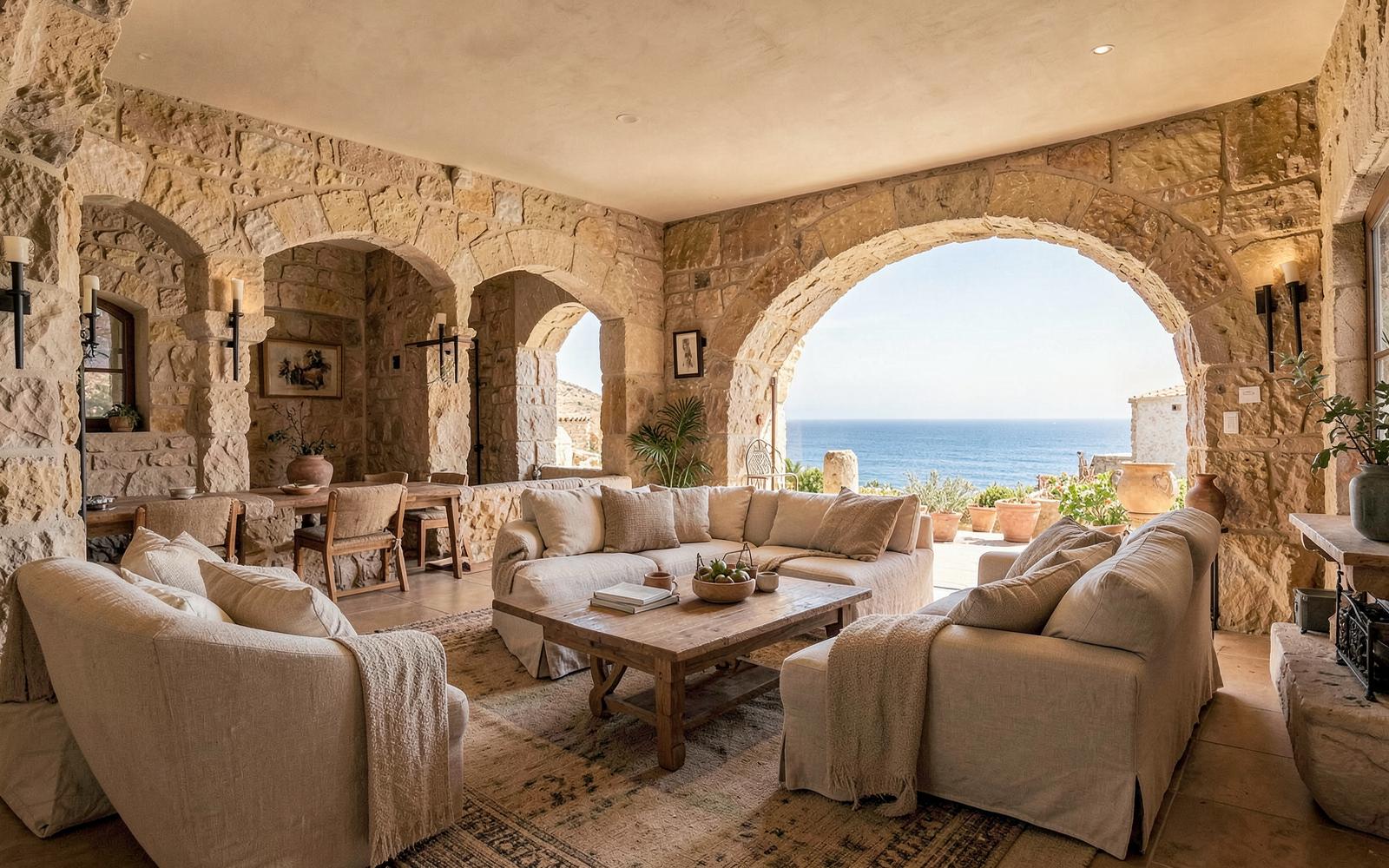 The light-filled interior of a luxury Mallorca villa with views towards the terrace