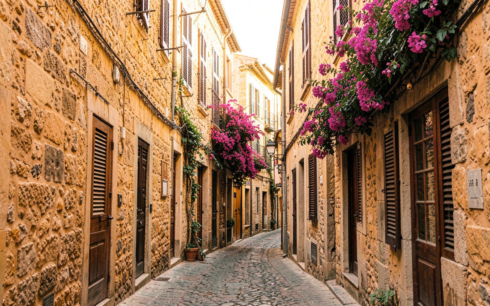 Honey-coloured stone facades and narrow streets in the old town of Palma de Mallorca