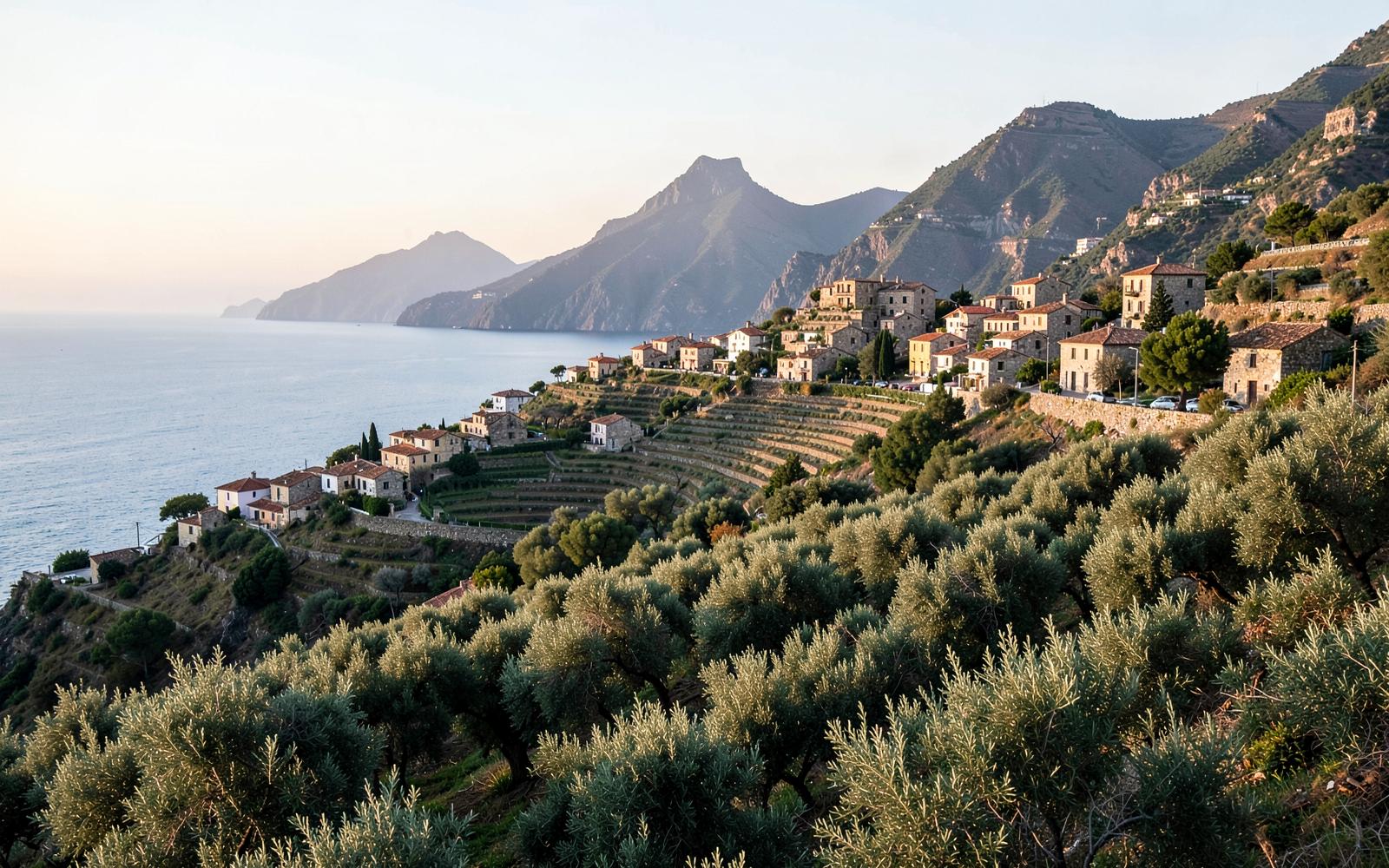 Stone terraces and mountain village houses in the Serra de Tramuntana near Deià