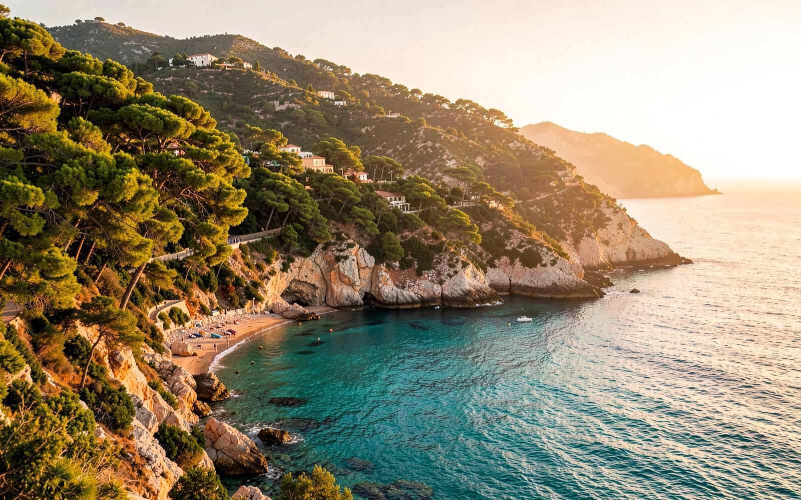 The southwest coastline of Mallorca, with pine-covered cliffs meeting the Mediterranean